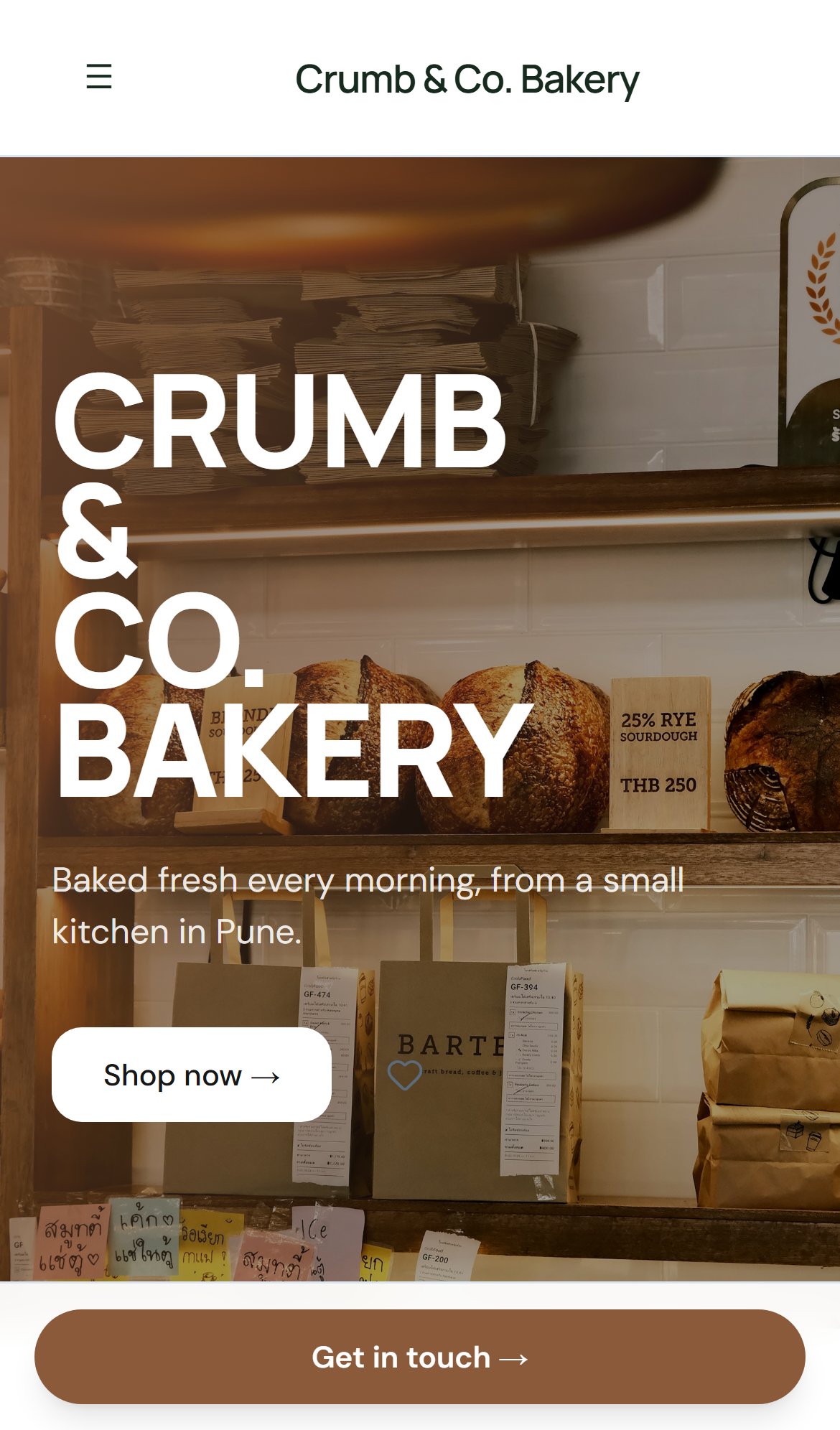 Bakery demo site preview (mobile)
